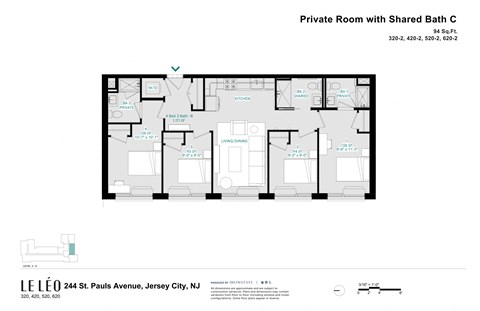 A floor plan of a private room with a shared bathroom.